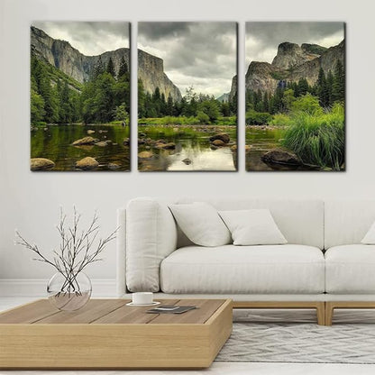 Yosemite National Park Canvas Wall Art Decor 3 Pieces Landscape Wall Art Clear Water Lake Mountain Pictures Painting Prints on Canvas Modern Decoration Stretched Framed Ready to Hang - 16"x24"x3 Panel