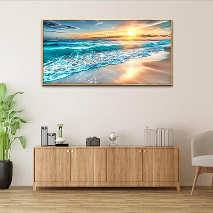 hyidecorart Large Wall Art For Living Room Wall Decorations For Bedroom Office Wall Decor Wood Framed Canvas prints Painting Blue Sea Wave Pictures Modern Beach Seascape Posters Home Decor Artwork
