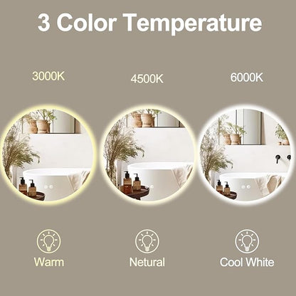 36 Inch Round LED Bathroom Mirror Backlit Anti-Fog Wall Mounted Lighted Bathroom Vanity Mirror 3 Colors Light Dimmable Smart Makeup Mirror with Touch Switch