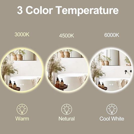 36 Inch Round LED Bathroom Mirror Backlit Anti-Fog Wall Mounted Lighted Bathroom Vanity Mirror 3 Colors Light Dimmable Smart Makeup Mirror with Touch Switch