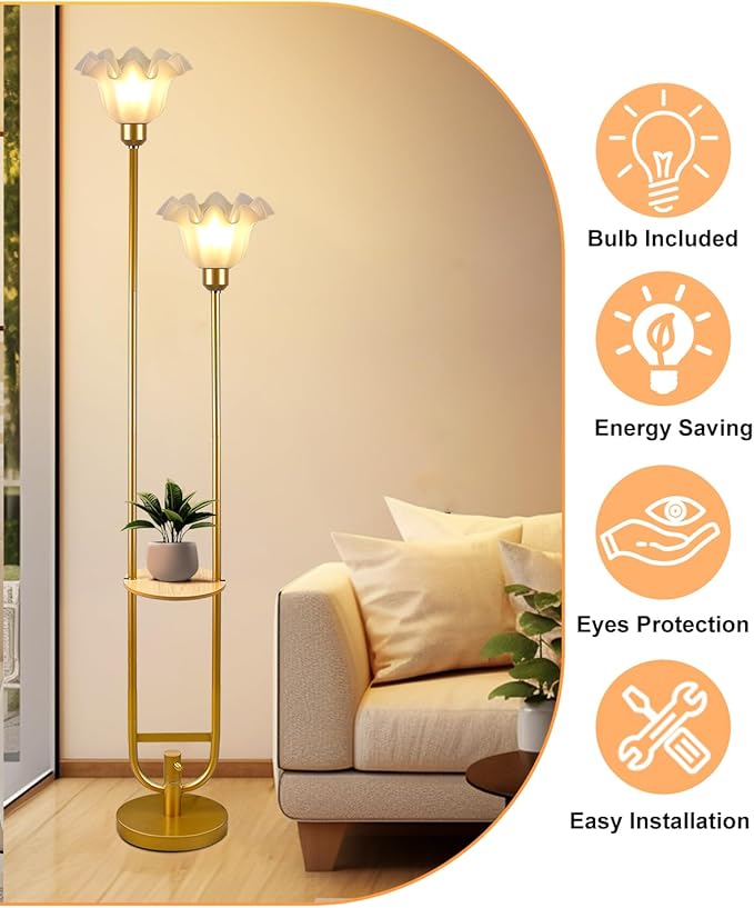 Dimmable Flower Floor Lamps with Table, 2-Lights Dimmable Floral Floor Lamp, 3000K Warmwhite Modern Floor Lamp, Vintage Gold Standing Lamp with 5Lbs Heavy Base for Living Room Bedroom