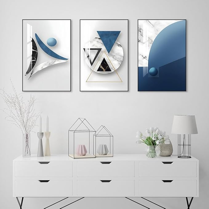 SUCSACEK Decorative Wall Art Prints 3 Panels Abstract Painting for Living Room, Bedroom, Dining Room, Kitchen, Bathroom, Office, Home Decor (Blue)
