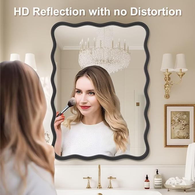 PROHOMEWARE 28 * 40" Black Bathroom Mirror for Wall,Wavy Rectangular Mirror,Vanity Mirror,Bathroom Mirrors for Wall-Mounted Metal Frame Mirror for Bedroom Entryway Living Room Farmhouse (Black)
