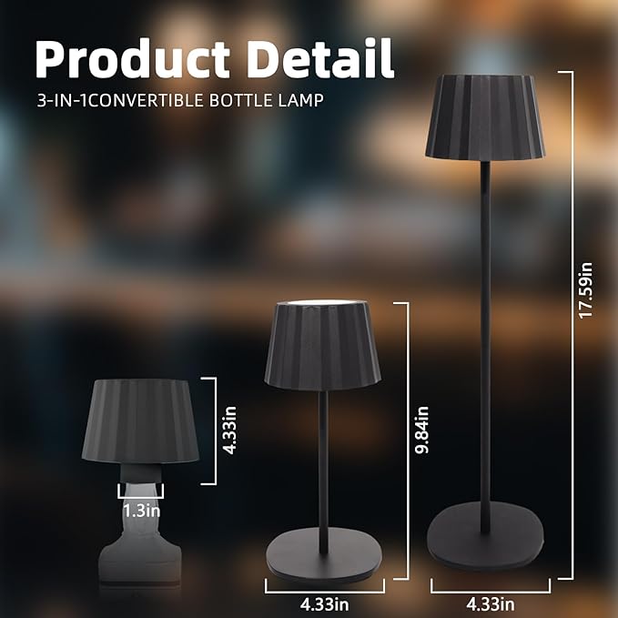 Modern 2-in-1 Table Lamp & Bottle Lamp, Pleated Metal Shade Touch Control Lamp | Adjustable Height, Warm Light & RGB, Stepless Dimming, Anti-Tip Design,Pleats,Black
