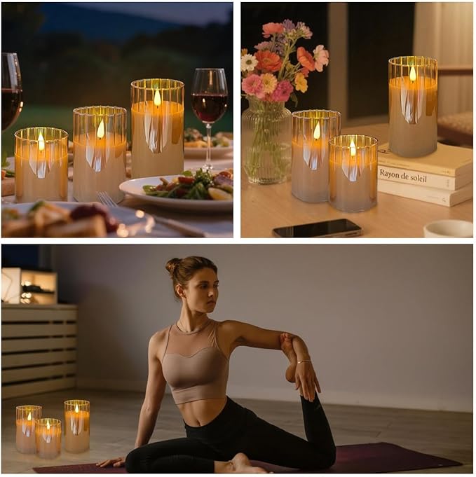 LEDHOLYT Rechargeable Flameless Candle, Flashing LED Pillar Real Wax Candle with Remote Control and Timer, Gold Stripes Glass Electronic Candles for Room Decoration, 1 Set of 3