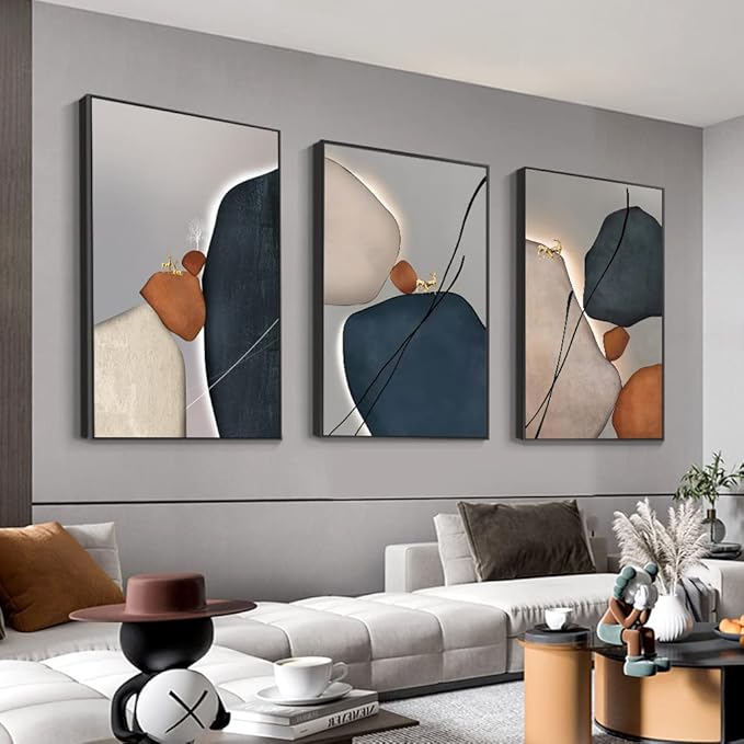 MPLONG Wall Art 3 Pieces Of Framed Decorative Paintings Abstract Simple Orange White Blue And Other Color Blocks Wall Art Canvas Prints Wall Decor (Black, 24" x 32" x 3 Panels)