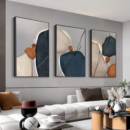 MPLONG Wall Art 3 Pieces Of Framed Decorative Paintings Abstract Simple Orange White Blue And Other Color Blocks Wall Art Canvas Prints Wall Decor (Black, 24" x 32" x 3 Panels)