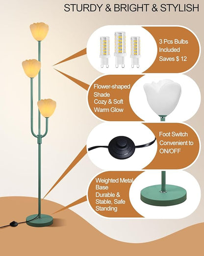 Lightdot 66IN Flower Floor Lamp 3-Lights Vintage Floor Lamps with Bulbs Included for Wedding Party Modern Dimmable Green Standing Tall Lamp with 5Lbs Heavy Base for Living Room/Bedroom/Home Decor