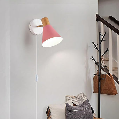 Plug in Wall Sconces Lighting Fixture Pack of 2, Wooden Adjustable Bedside Wall lamp for Industrial Bedroom, Living Room Bathroom Sink Lighting (2, Pink)