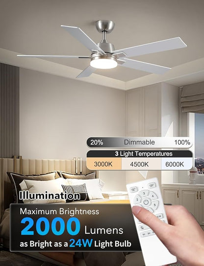 Rayqueen 52 Inch Ceiling Fans with Lights and Remote, 6 Speed Reversible DC Motor, 3CCT Dimmable LED, Modern Brushed Nickel Ceiling Fan for Bedroom, Living room & Covered Outdoor,Includes Downrod