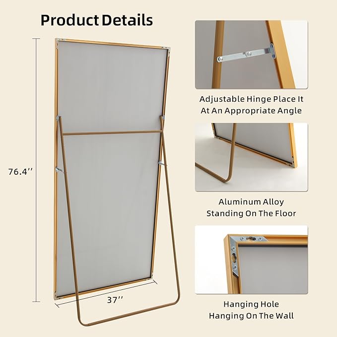 Beauty4U 76" x 37" Full Length Mirror with Stand, Gold Floor & Wall Mounted Mirror, Large HD Tempered Glass Full Body Mirror for Bedroom, Dressing Room, Living Room, Entryway