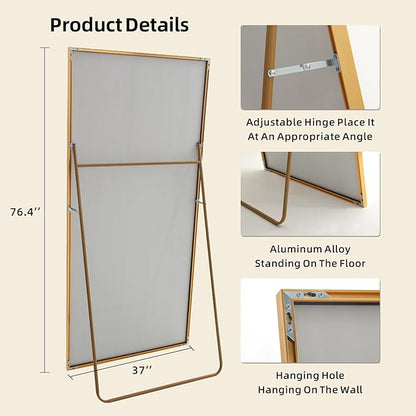 Beauty4U 76" x 37" Full Length Mirror with Stand, Gold Floor & Wall Mounted Mirror, Large HD Tempered Glass Full Body Mirror for Bedroom, Dressing Room, Living Room, Entryway
