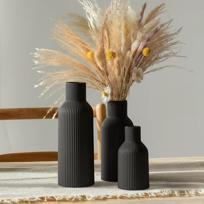 Black Ceramic Flower Vases Set of 3, Modern Matte Vertical Ribbed, Nordic Minimalist Decor for Pampas Grass, Dried & Fresh Flowers, Centerpiece for Living Room, Shelf, Entryway, Wedding