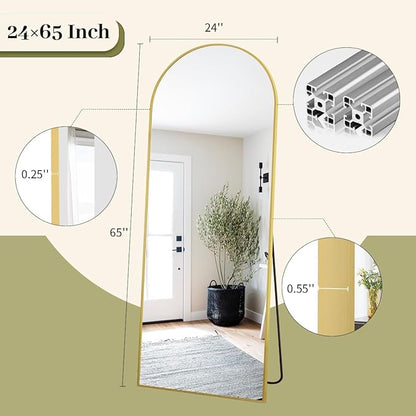 BEAUTYPEAK 65"x24" Full Length Mirror, Arch Full Body Floor Mirror, Wall Mirrors Hanging or Leaning Arched-Top with Stand for Bedroom, Dressing Room, Living Room, Gold