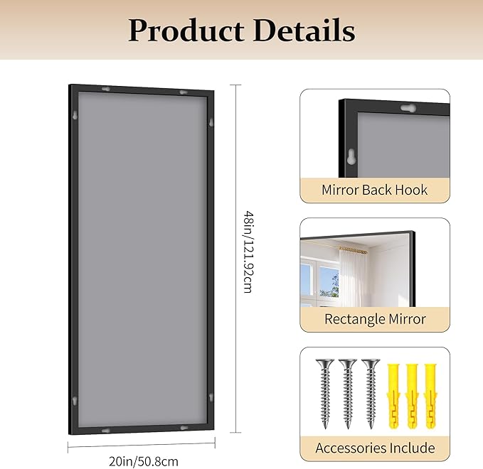 COFENY Black Bathroom Mirror for Wall, 20x48 Inch Rectangle Mirror with Metal Frame, Modern Vanity Mirrors for Bathroom Living Room, Entryway Hangs Horizontal or Vertical