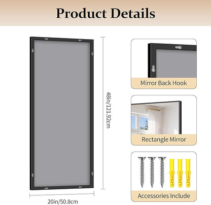 COFENY Black Bathroom Mirror for Wall, 20x48 Inch Rectangle Mirror with Metal Frame, Modern Vanity Mirrors for Bathroom Living Room, Entryway Hangs Horizontal or Vertical