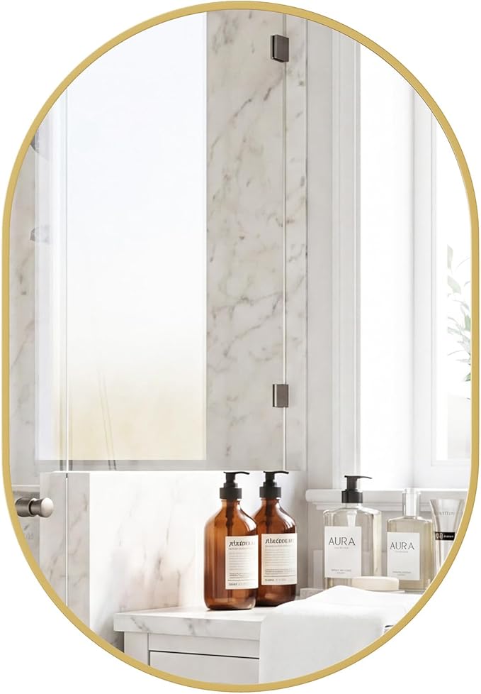 NEWBULIG 20" x 30" Oval Bathroom Mirror, Gold Wall Mirror with Metal Frame, Tempered Glass, Morden Vanity Mirror for Over Sink, Entryway, Living Room, Bedroom, Horizontal or Vertical