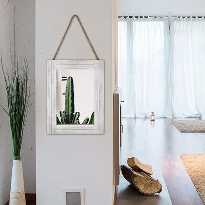 Rectangle Wall Mirror for Bathroom, Distressed White Wood Decor with Hanging Rope for Rustic Home Decor, Vanity, Living Room 12"×16"