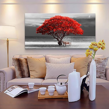 WapluamWall Decor Living Room Large Size Canvas Wall Art For Office Black White With Landscape Moon Wall Painting Red Trees Canvas Pictures Framed Artwork Bedroom Decor Home Decorations 30" X 60"
