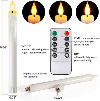 OCATO Flameless Candles with Remote Timer: 8 Pcs Battery Operated Window Candles 9.6" Real Wax LED Flickering Flameless Taper Candles 3D Wick Lights Halloween Christmas Wedding Party Decorations White