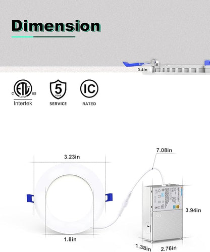 VOLISUN 24 Pack 3 inch Recessed Lighting, 5CCT LED Recessed Light with Junction Box, 2700K-5000K Selectable, Dimmable Canless Wafer Downlight, LED Ceiling Light ETL Certificated