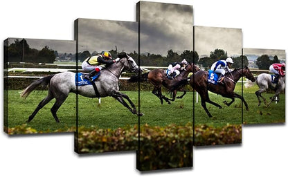 Artbrush Tower Horse Racing Wall Art Modern Pictures for Living Room Artwork Painting Dining Room Decor 5 Panel Canvas Prints Racehorse Poster Bedroom Decoration Framed Ready to Hang(60''Wx32''H)