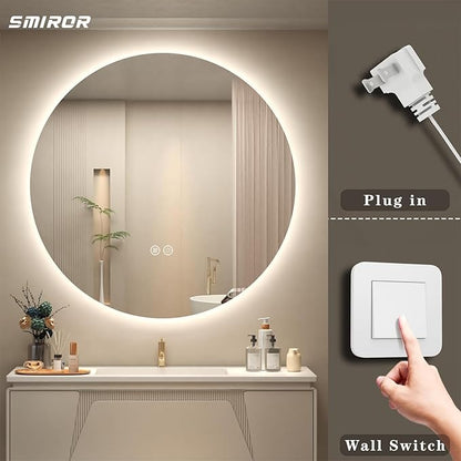SMIROR Round Led Lighted Bathroom Mirror for Wall 40", Backlit Circle Vanity Mirror with Lights, Anti-Fog, 3 Colors, Dimmable, Memory, Shatterproof