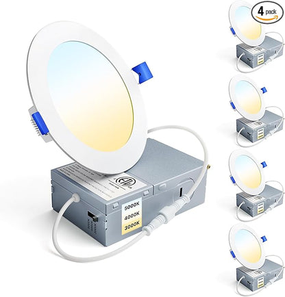 Ensenior 4 Pack 4 Inch LED Recessed Light, Dimmable, 3000K-5000K 3CCT, 750LM High Brightness, 9W 120V, Damp Rated, Ultra-Thin Canless Wafer Ceiling Light - ETL & FCC & IC