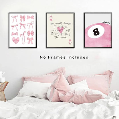 Trendy Pink Bows Posters Wall Art Set of 3, Vintage Preppy Lucky 8 Ball Canvas Wall Decor, Pink Girly Room Aesthetic Picture Prints Painting for College Apartment Living Room Bedroom 12x16 In Unframed