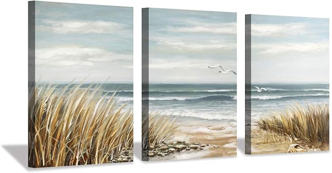 Abstract Beach Picture Wall Art: Coastal Grass Seascape Artwork Print on Canvas for Walls (12”x16”x3pcs)