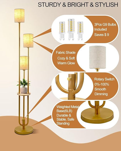 Gold Floor Lamp Dimmable 64IN Tall Standing Lamps with Soft Warm White Eye Care 3000K G9 Bulbs, Mid Century Modern Floor Lamp with 5Lbs Heavy Base for Livng Room Bedroom