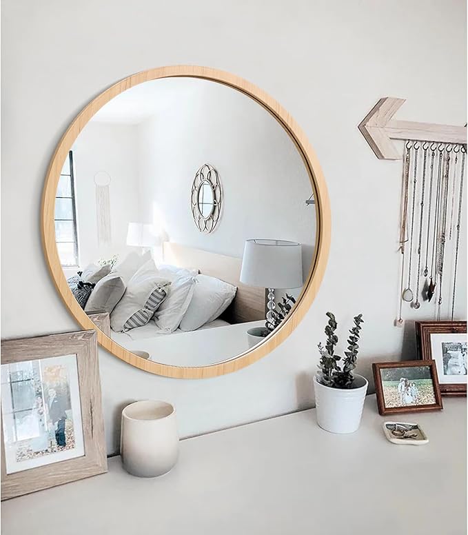 JJUUYOU Round Mirror Wall Mounted Circle Mirror Circular Vintage Wood Frame Mirrors for Bathroom Living Room Bedroom Dormitory Washroom Mirrors,Wood