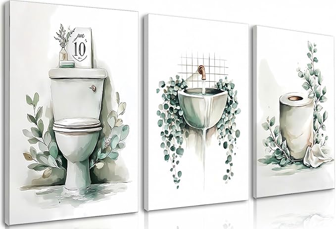 Frimeeme 3 Piece Sage Green Botanical Bathroom Decor, Framed Canvas Wall Art Set, bathroom wall art with leaves, 12x16 Inches Ready to Hang Prints