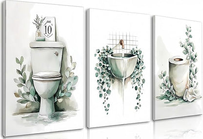 Frimeeme 3 Piece Sage Green Botanical Bathroom Decor, Framed Canvas Wall Art Set, bathroom wall art with leaves, 12x16 Inches Ready to Hang Prints