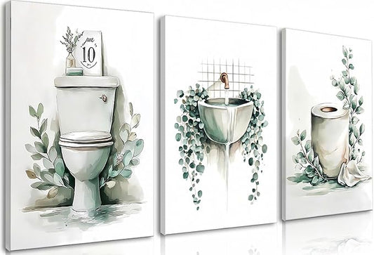 Frimeeme 3 Piece Sage Green Botanical Bathroom Decor, Framed Canvas Wall Art Set, bathroom wall art with leaves, 12x16 Inches Ready to Hang Prints