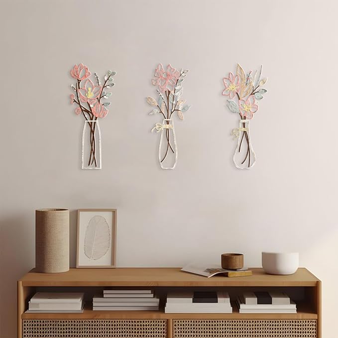 3 Pcs Metal Flowers Wall Arts Rustic Farmhouse Decor Bathroom Wall Decor Metal Wall Decor for Living-room Dining-Room Kitchen Minimalist Decor Housewarming Gifts (Multicolored)