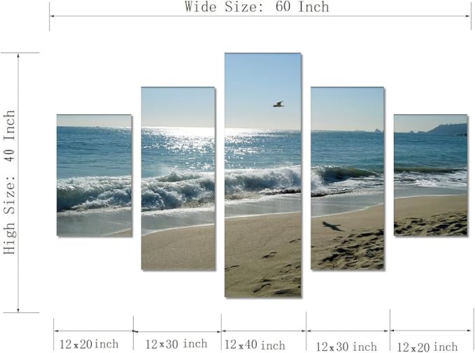 Yatsen Bridge Beach Wave Ocean Painting on Canvas 5 Piece Beach Wall Art Modern Landscape Scenery Posters and Prints Pictures for Living Room Bedroom Canvas Art Set Framed Ready to Hang (60x40 Inch)
