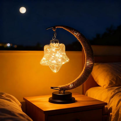 Gold Moon Table Night Light with Hanging Star Ramadan Decorative Lamp Battery Operated for Home Bedroom Shop Dining Holiday Party Eid Festival Decoration