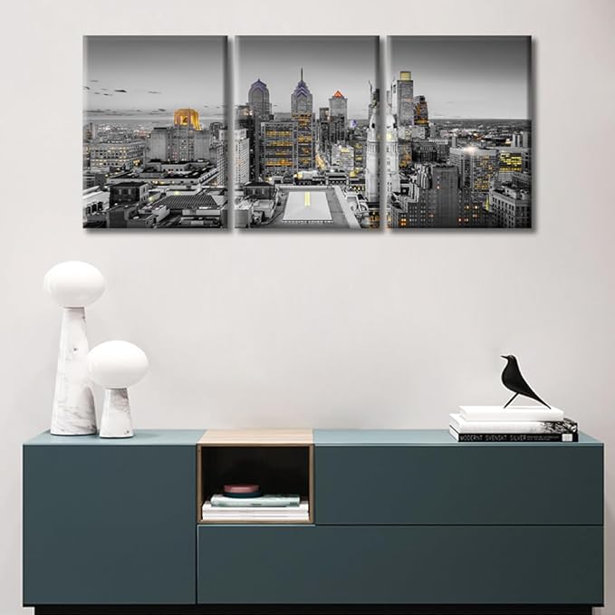 TUMOVO Philadelphia Pennsylvania City Skyline Wall Art for Living Room 3 Piece City Skyscrapers Skyline Landscape Wall Decor Living Room Stretched and Framed Ready to Hang (36" Wx16 H)