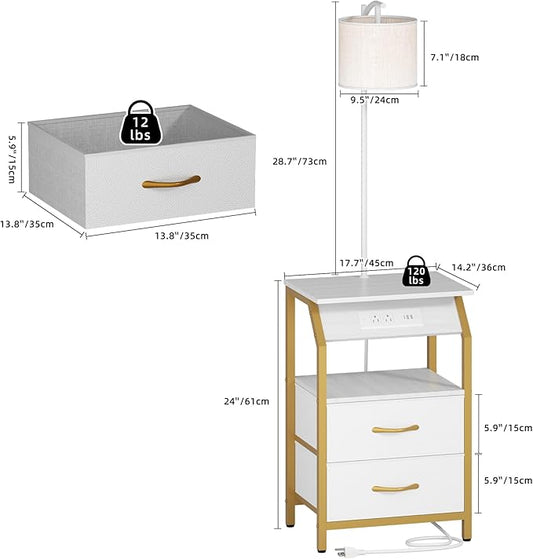 End Table with Floor Lamp, Nightstand with Charging Station, Floor Lamp Table with 3-Color Temperature Bulb, Bedside Table Night Stand with 2 Drawers for Bedroom, Living Room, Gold