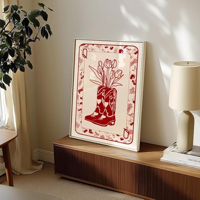 ZHBJSM Cowboy Boot Tulip Wall Art Red White Line Print Poker Style Boho Chic Decor Bedroom Living Room Stylish Western Floral Home Accent 12x16 Inch Unframed