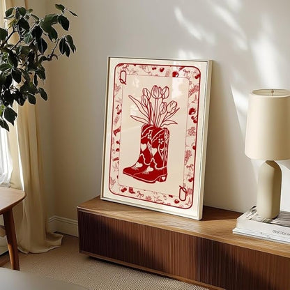 ZHBJSM Cowboy Boot Tulip Wall Art Red White Line Print Poker Style Boho Chic Decor Bedroom Living Room Stylish Western Floral Home Accent 12x16 Inch Unframed