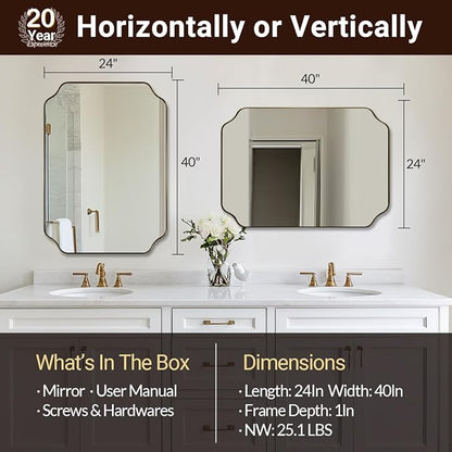 ANDY STAR 24"x40" Gold Mirror, Brushed Brass Scalloped Wall Mirror, Unique Rectangle Mirror, Bathroom Vanity Mirror in Anti-Rust Stainless Steel Metal Frame 1’’ Deep, Hangs Vertically/Horizontally