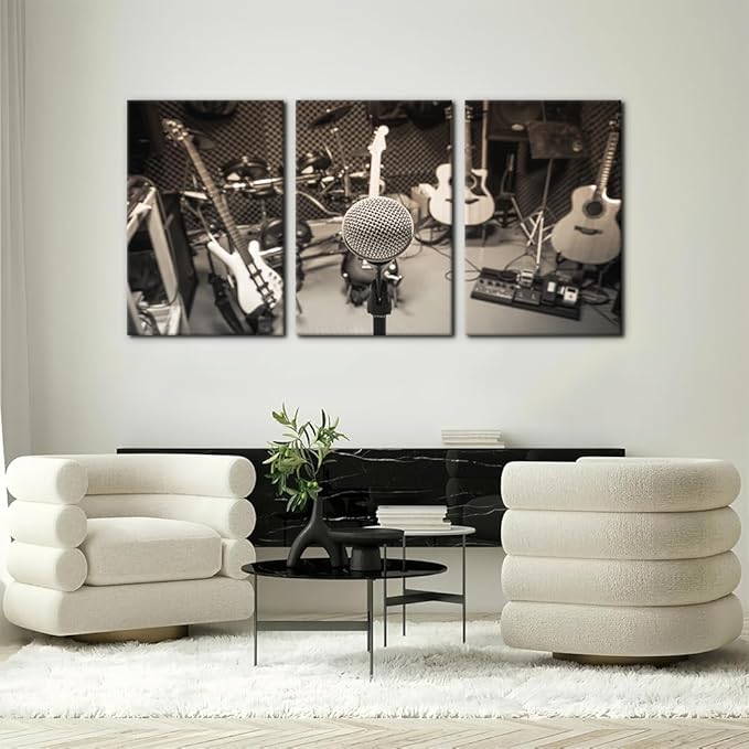 Pacimo 3 Panels Music Artistic Paintings Wall Art The Music of The Band Guitar and Shelf Drum Piano Pictures Print on Canvas for Modern Home Decoration for Living Room Framed Ready to Hang - 16"x24"x3