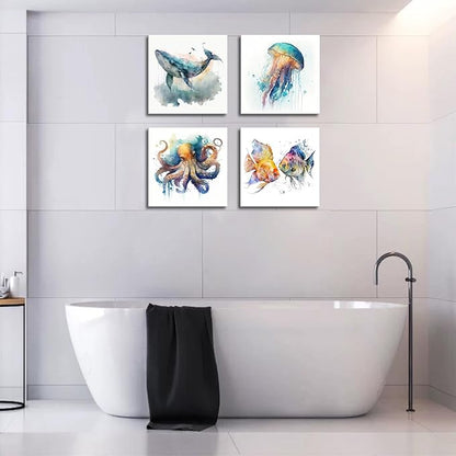Colorful Marine Life Canvas Wall Art for Bathroom Decor, Green Jellyfish Picture Print, Watercolor Fish Artwork Sea Life Blue Orange Octopus Painting Poster for Bedroom Living Room Decoration 12"x12"
