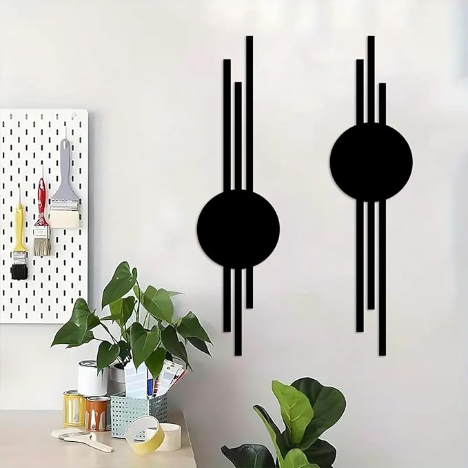 DUOOLN 2Pcs Abstract Metal Wall Decor, Black Modern Geometric Hanging Paintings, Minimalist Line Art Sculpture, Living Room Bedroom Bathroom Office Farmhouse Decoration-15.7x3.85in