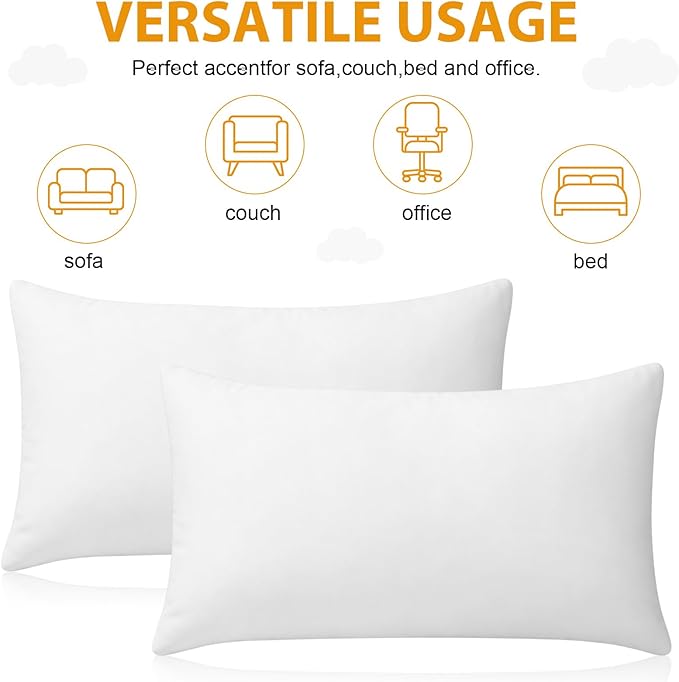 Yousoontic 8 Pack Throw Pillow Inserts 12 x 20 Inches Alternative Pillows White Fluffy Decorative Stuffer Cushion for Bed, Sofa, Couch and Indoors & Outdoors