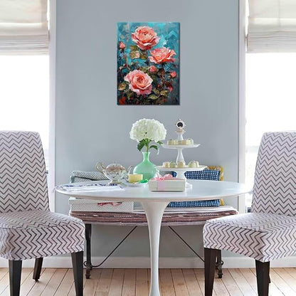 Wall HDQ Red Roses Oil Painting Modern Flowers Canvas Painting Artwork for Living Room Bathroom Bedroom Home Decorations Framed