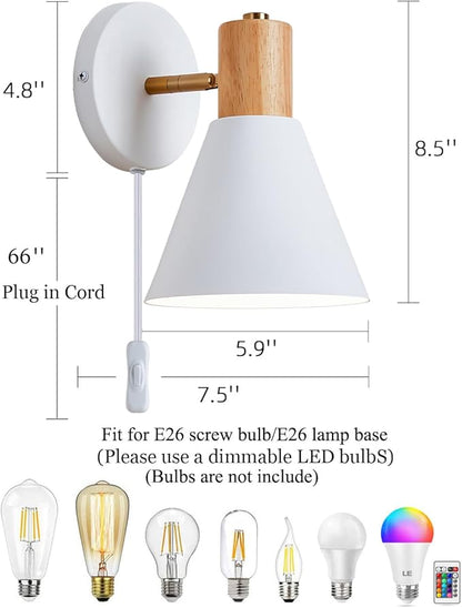 Plug in Wall Sconces Lighting Fixture Pack of 2, Wooden Adjustable Bedside Wall lamp for Industrial Bedroom, Living Room Bathroom Sink Lighting (2, White)