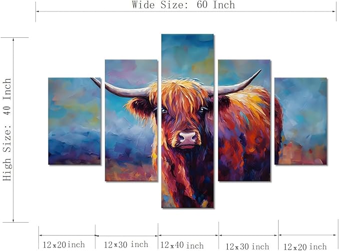 Yatsen Bridge Large Highland Cow Wall Art 5 Panels Graffiti Pictures Canvas Prints Modern Colorful Animal Posters Decor Artwork Living Room Home Office Decoration Framed Ready to Hang - 70''Wx40''H